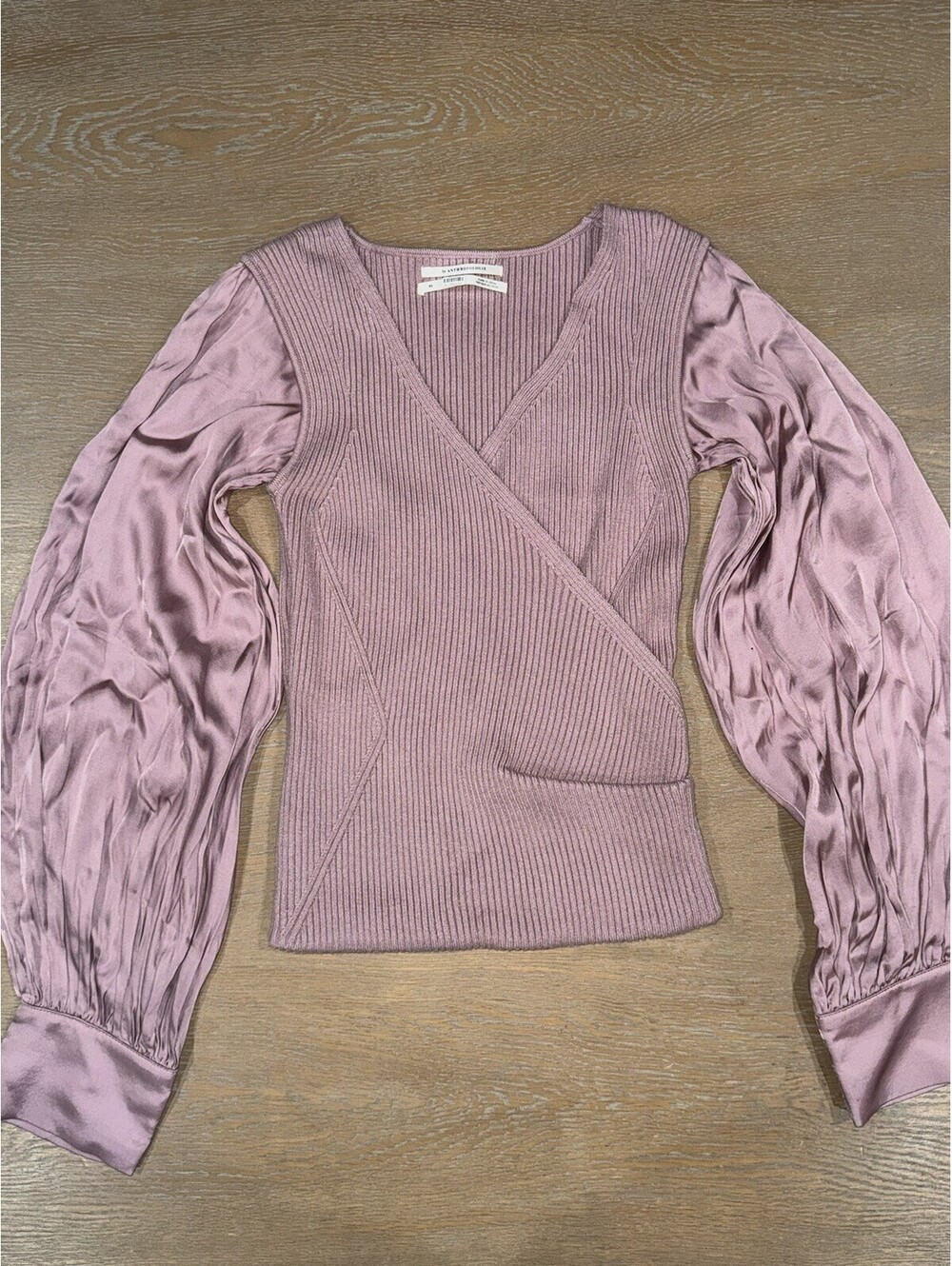 Anthropologie Twofer Faux-Wrap Sweater Blouse Mauve Pink Sz SMALL